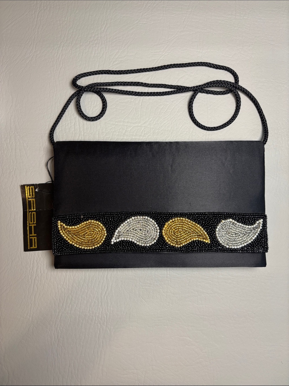 Sasha New York Vintage Black Satin Beaded Clutch Evening Bag Gold Silver Paisley